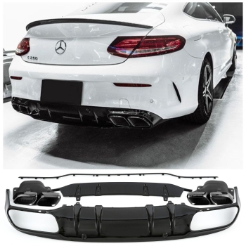 HECKDIFFUSOR + AUSPUFFBLENDEN (SCHWARZ) IM C63 AMG OPTIK FÜR MERCEDES A205 C205 Coupe Cabrio mit DTC Gutachten